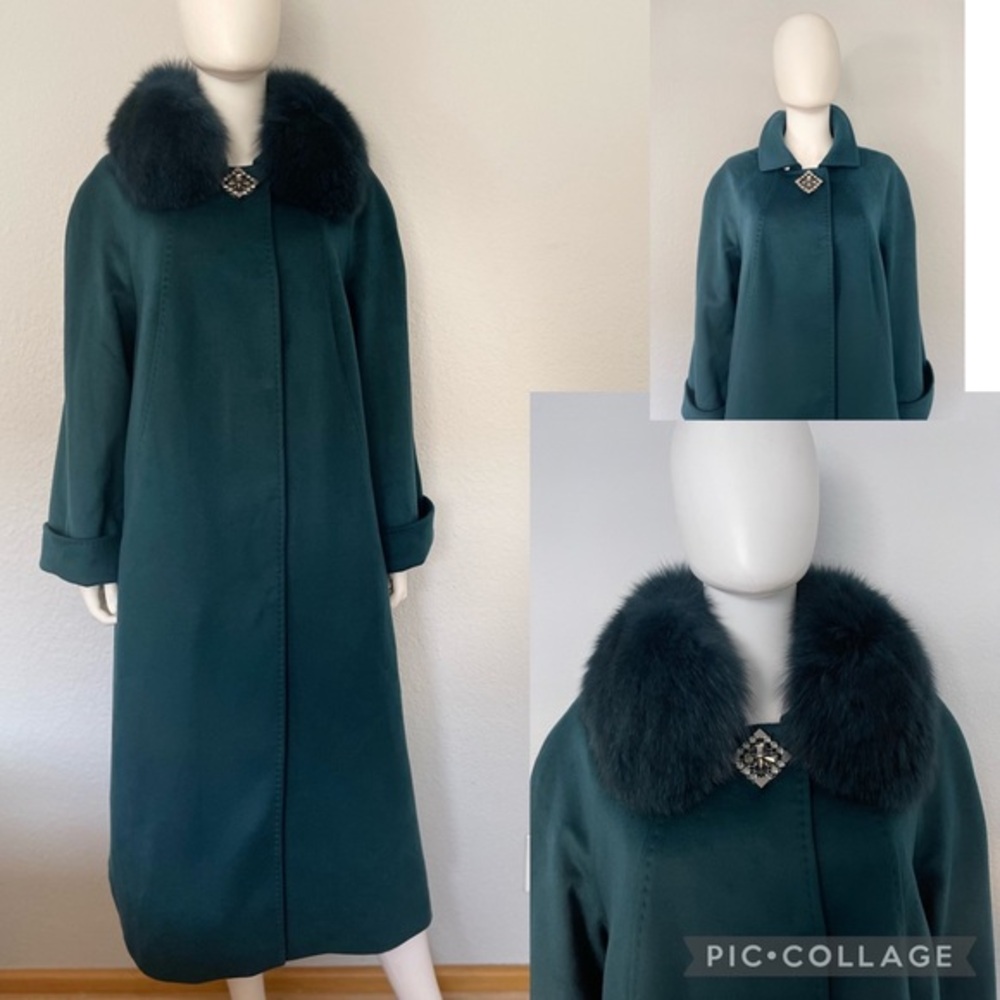 NWT WOMEN PLUS SIZE LONG COAT CASHEMERE BLEND REAL FUR COLLAR RAGLAN SLEEVES‎